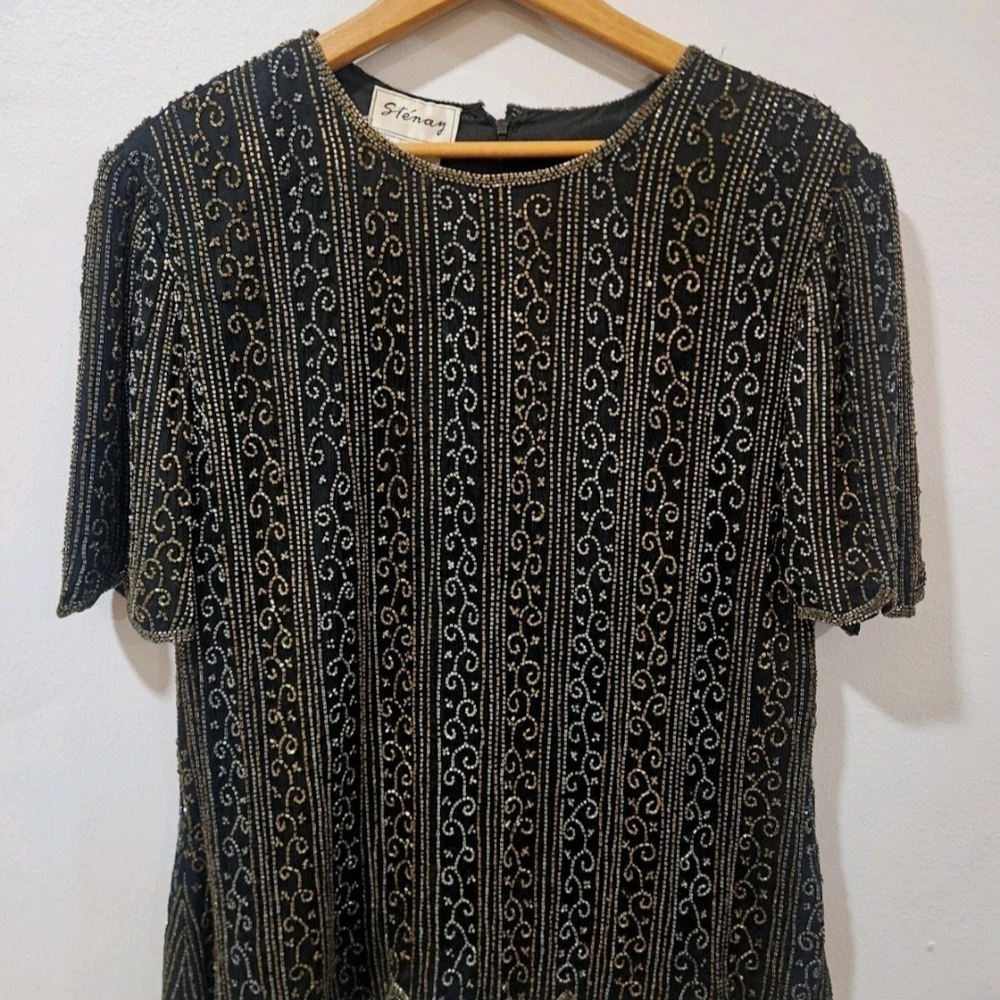 Vtg Stenay Handbeaded Silk Art Deco Style Blouse With Scalloped Hem